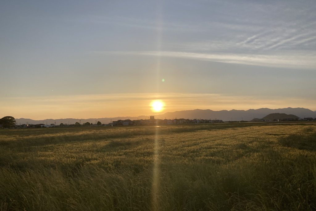 Das Foto zeigt einen Sonnenuntergang im ländlichen Japan bei Omihachiman.
