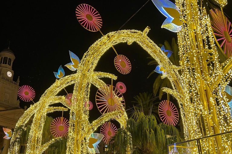 Es sind riesige Lichterbögen zu sehn, die sich über eine Art Allee spannen. An den Lichterbögen sind weitere bunt leuchtende Blumen angebracht.