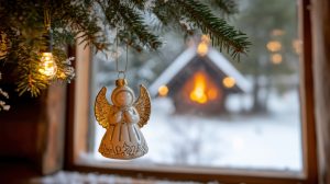 Ein Weihnachtsengel-Ornament hängt an einem verschneiten Weihnachtsbaum vor einer hell erleuchteten Hütte.