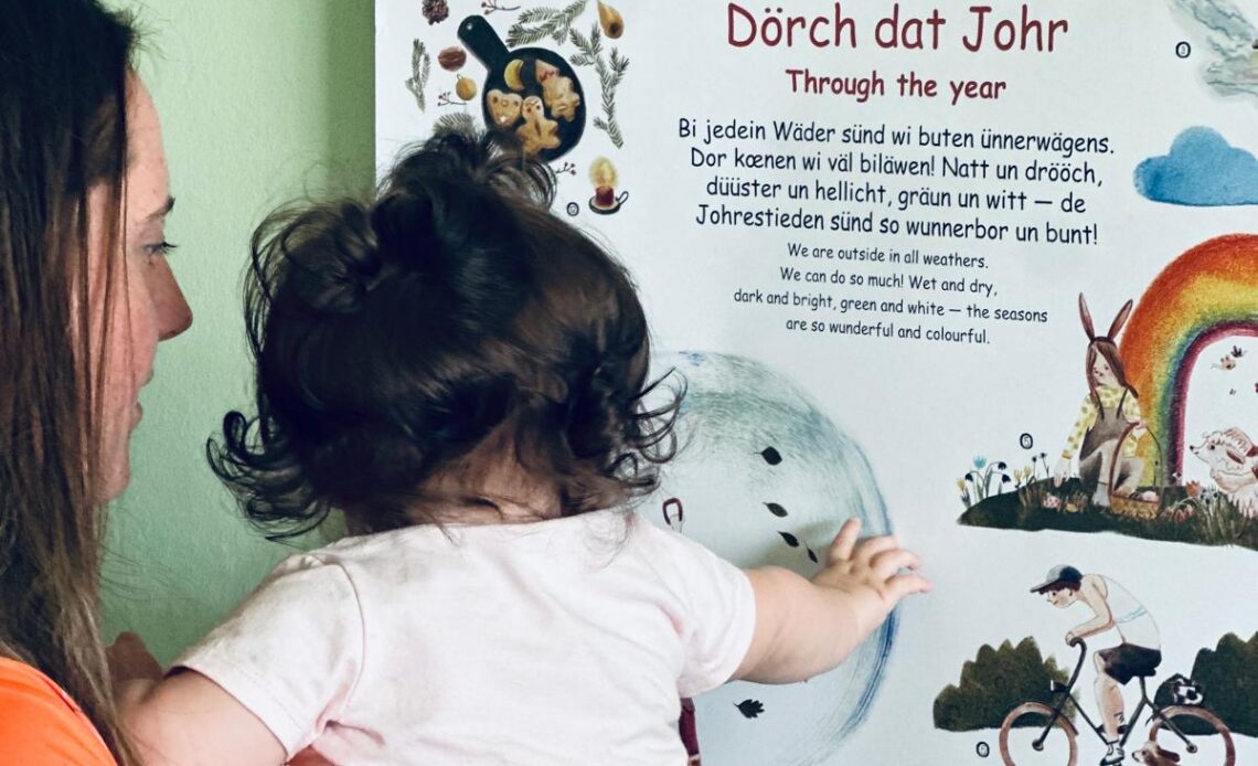 Das Foto zeigt eine Frau mit einem Kleinkind auf dem Arm von hinten. Das Kind zeigt auf ein Plakat, auf dem viele bunte Bildchen sind und ein Text auf Niederdeutsch.